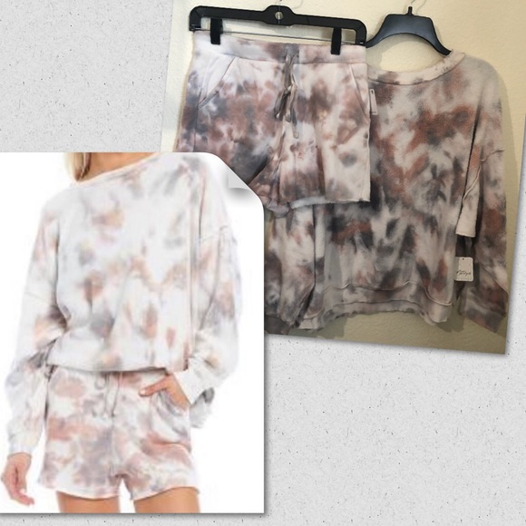 Intimately Free People XS Pajama Set Sweatshirt Shorts Tie Dye Cream $168 - Picture 1 of 9